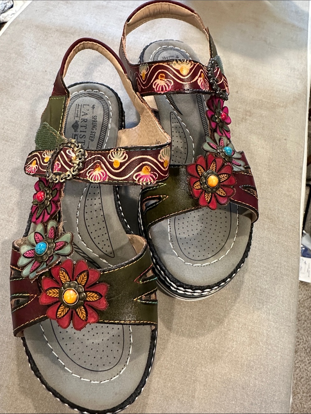 Spring Step L'Artiste Olive Multi Floral Leather Sandals